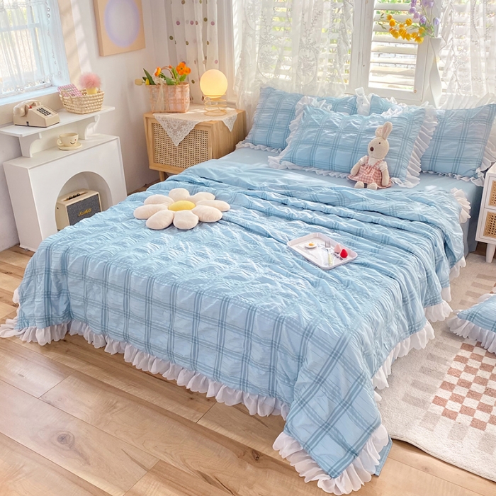 91家纺网 家纺一手货源 找家纺 梦之岛 2022新款泡泡亲肤公主风夏被四件套 天空蓝