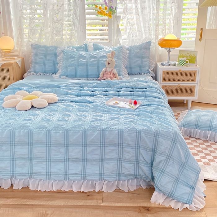 91家纺网 家纺一手货源 找家纺 梦之岛 2022新款泡泡亲肤公主风夏被四件套 天空蓝