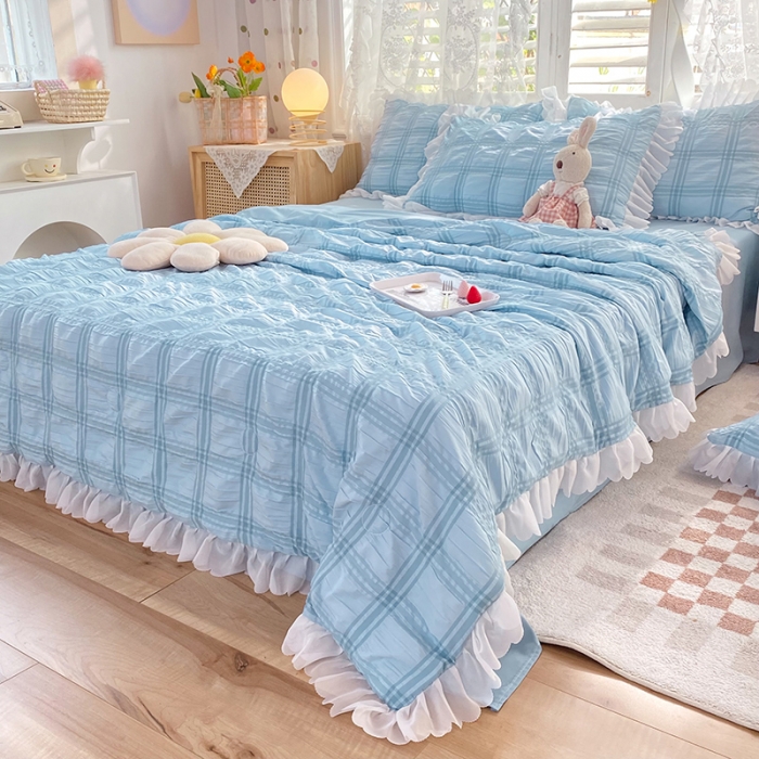 91家纺网 家纺一手货源 找家纺 梦之岛 2022新款泡泡亲肤公主风夏被四件套 天空蓝