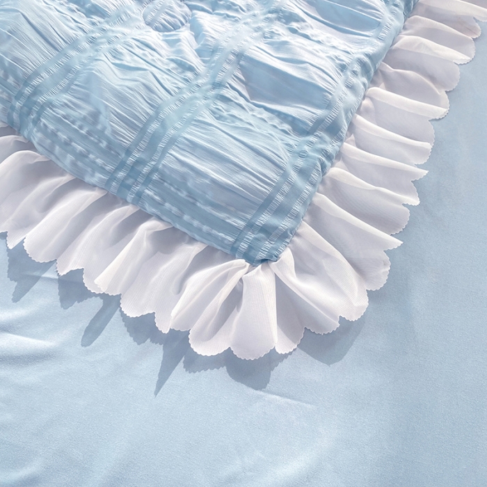 91家纺网 家纺一手货源 找家纺 梦之岛 2022新款泡泡亲肤公主风夏被四件套 天空蓝