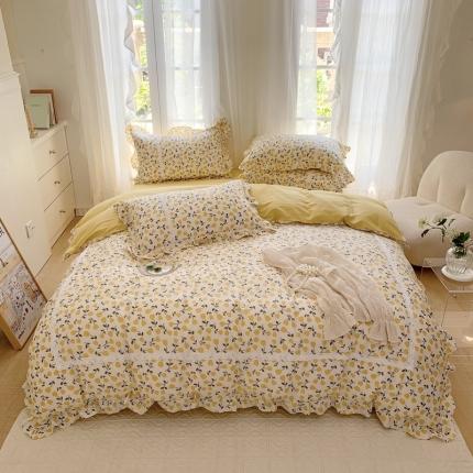 眠屿 2022新款全棉小碎花法式花边四件套 金色花语