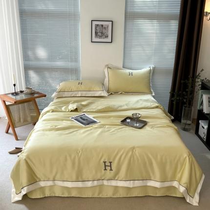 91家纺网 家纺一手货源 找家纺 眠屿 2022新款纯色绣花夏被四件套 柠檬黄