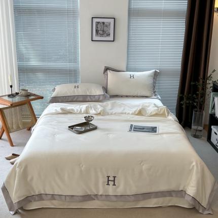 眠屿 2022新款纯色绣花夏被四件套 米白