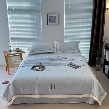 眠屿 2022新款纯色绣花夏被四件套 天蓝