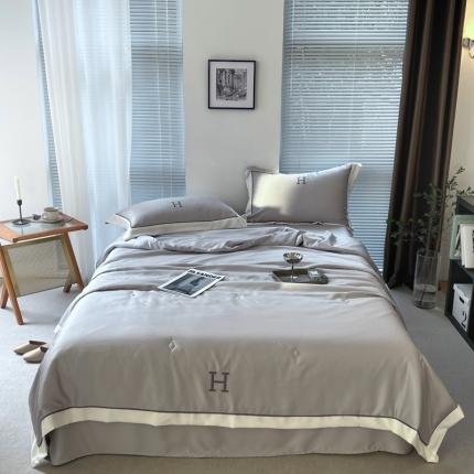 眠屿 2022新款纯色绣花夏被四件套 烟灰
