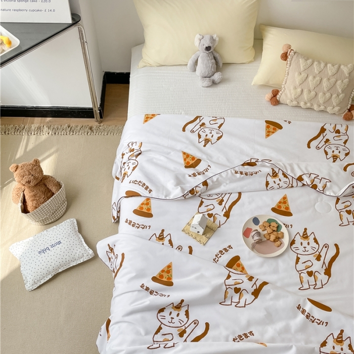 91家纺网 家纺一手货源 找家纺 棉眠 2022新款13070全棉卡通系列夏被 喵喵披萨