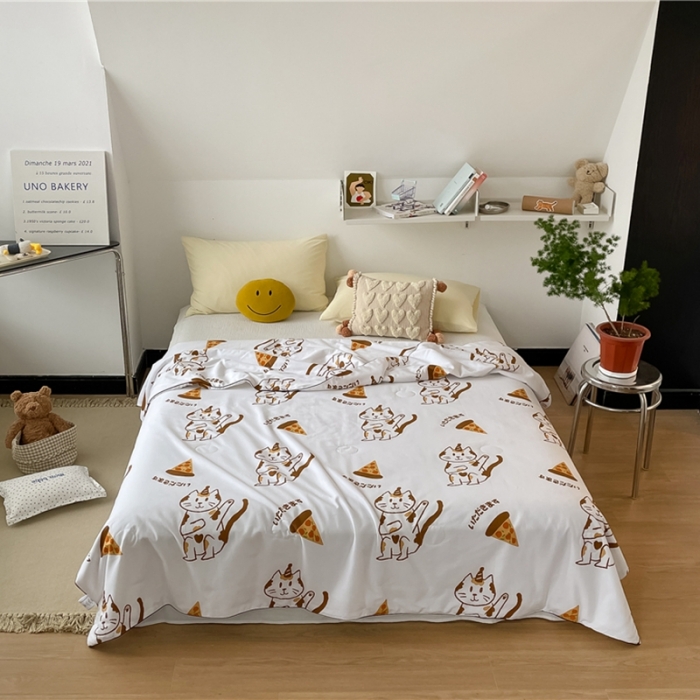 91家纺网 家纺一手货源 找家纺 棉眠 2022新款13070全棉卡通系列夏被 喵喵披萨
