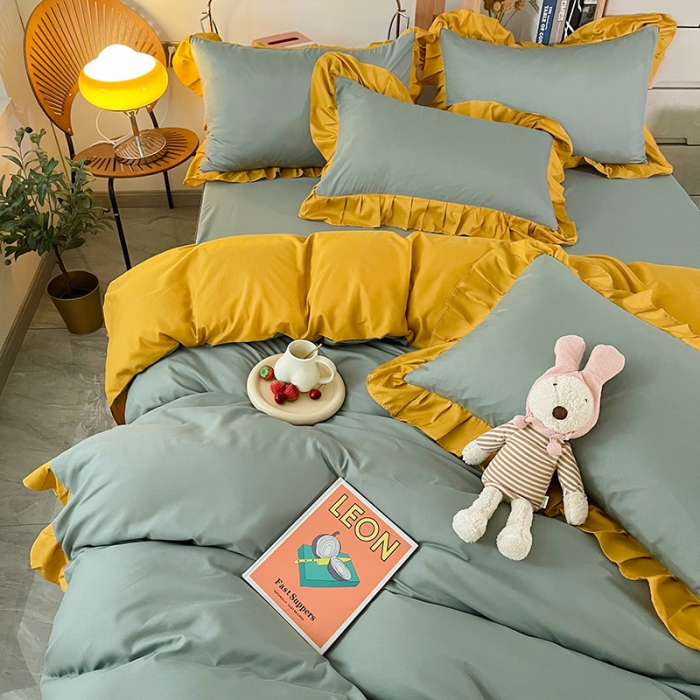 91家纺网 家纺一手货源 找家纺 维娜斯 2022新款纯色花边单品 蓝绿+姜黄