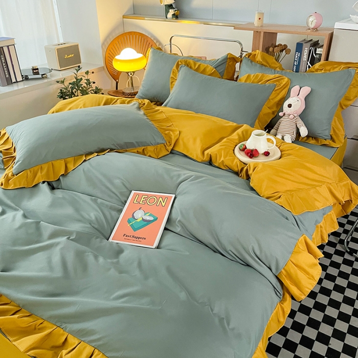 91家纺网 家纺一手货源 找家纺 维娜斯 2022新款纯色花边单品 蓝绿+姜黄