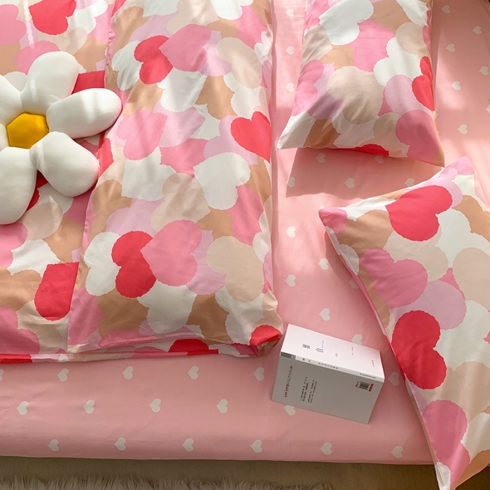 91家纺网 家纺一手货源 找家纺 怡家居 2022新款第六批全棉印花四件套 粉爱心