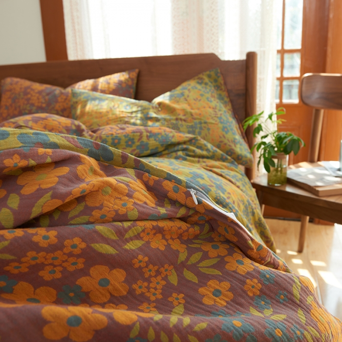 91家纺网 家纺一手货源 找家纺 总安莱生活 2022新款色织提花全棉双层纱四件套-花团锦簇