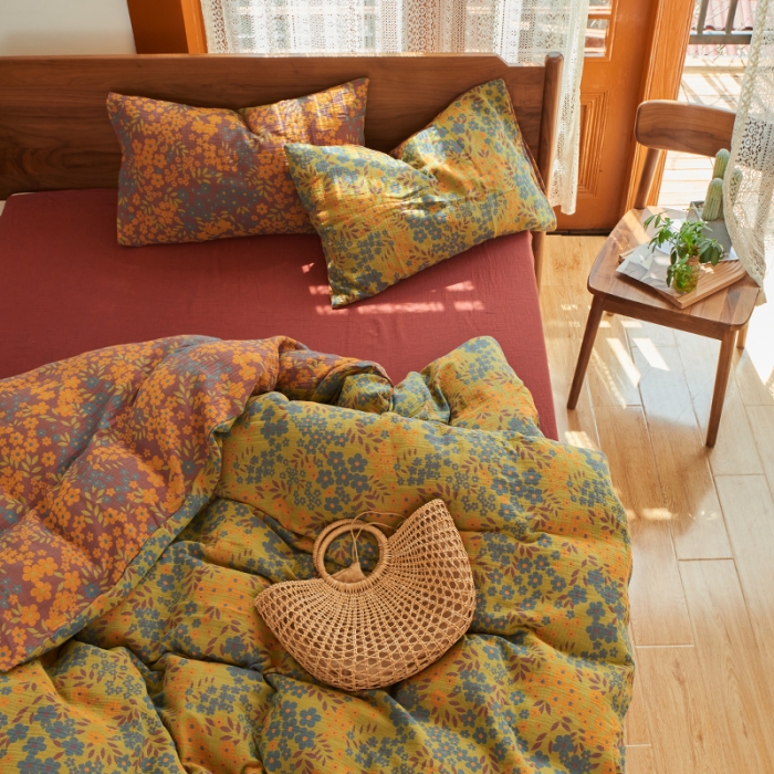 91家纺网 家纺一手货源 找家纺 总安莱生活 2022新款色织提花全棉双层纱四件套-花团锦簇