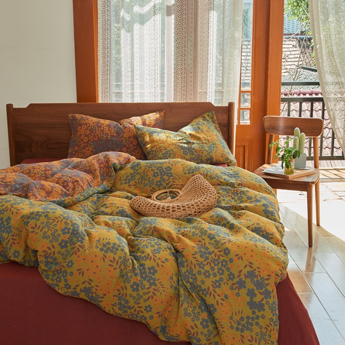 91家纺网 家纺一手货源 找家纺 总安莱生活 2022新款色织提花全棉双层纱四件套-花团锦簇