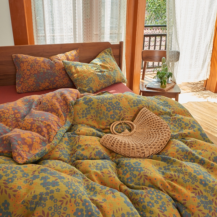 91家纺网 家纺一手货源 找家纺 总安莱生活 2022新款色织提花全棉双层纱四件套-花团锦簇