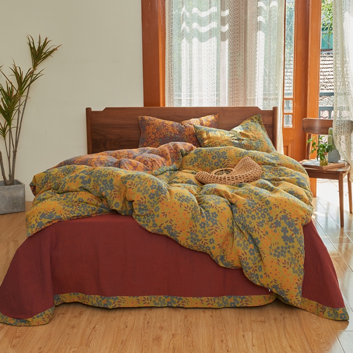 91家纺网 家纺一手货源 找家纺 总安莱生活 2022新款色织提花全棉双层纱四件套-花团锦簇