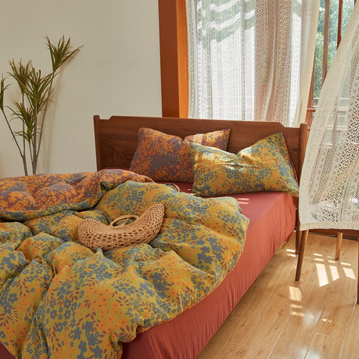 91家纺网 家纺一手货源 找家纺 总安莱生活 2022新款色织提花全棉双层纱四件套-花团锦簇