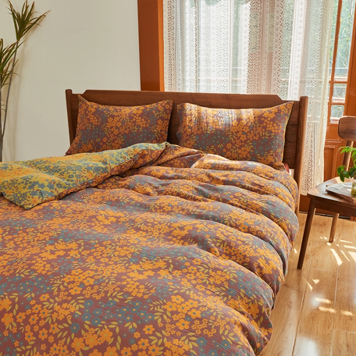 91家纺网 家纺一手货源 找家纺 总安莱生活 2022新款色织提花全棉双层纱四件套-花团锦簇