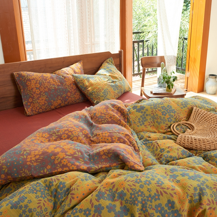 91家纺网 家纺一手货源 找家纺 总安莱生活 2022新款色织提花全棉双层纱四件套-花团锦簇