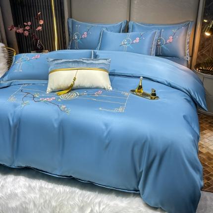 91家纺网 家纺一手货源 找家纺 麦瑞家纺 2024新款亲肤刺绣款四件套 简爱--宾利蓝