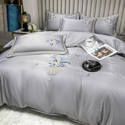 91家纺网 家纺一手货源 找家纺 麦瑞家纺 2024新款亲肤刺绣款四件套 遇见--高级灰