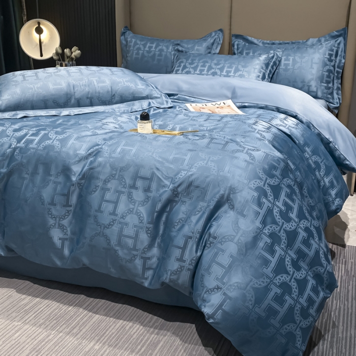 91家纺网 家纺一手货源 找家纺 遇见家居 2022水洗磨毛亲肤棉贡缎提花四件套-柏林-宾利蓝