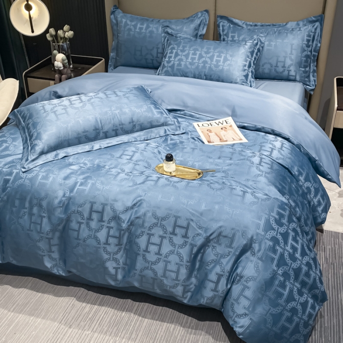 91家纺网 家纺一手货源 找家纺 遇见家居 2022水洗磨毛亲肤棉贡缎提花四件套-柏林-宾利蓝