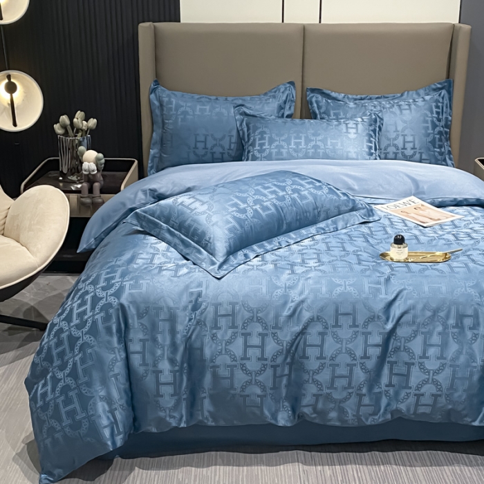 91家纺网 家纺一手货源 找家纺 遇见家居 2022水洗磨毛亲肤棉贡缎提花四件套-柏林-宾利蓝