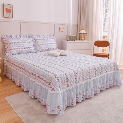 91家纺网 家纺一手货源 找家纺 仙女风欧根纱全棉床盖四件套 蕾丝花边夹棉纯棉床裙三件套枕套