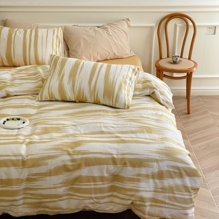 91家纺网 家纺一手货源 找家纺 窝米2022新款13370全棉四件套花卉系列 水波纹米驼