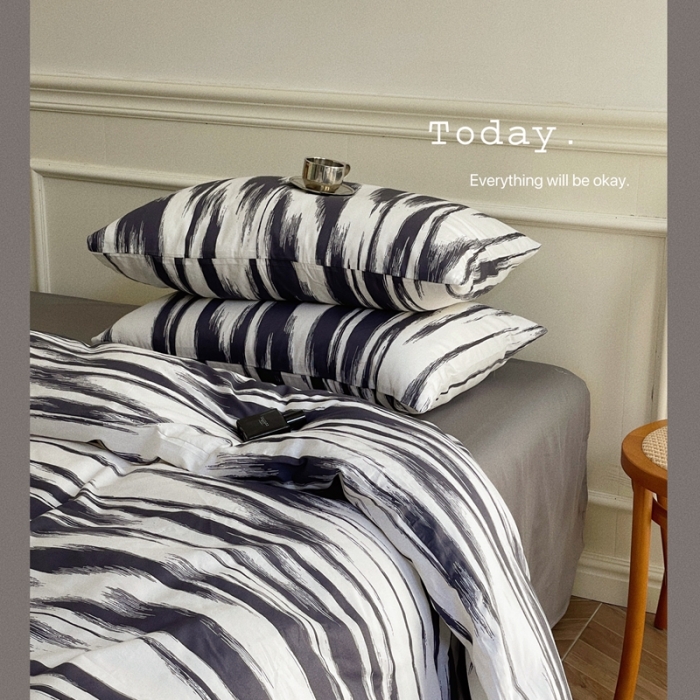 91家纺网 家纺一手货源 找家纺 窝米2022新款13370全棉四件套花卉系列 水波纹炭黑