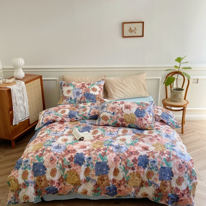 91家纺网 家纺一手货源 找家纺 窝米2022新款13370全棉四件套花卉系列 云溪红