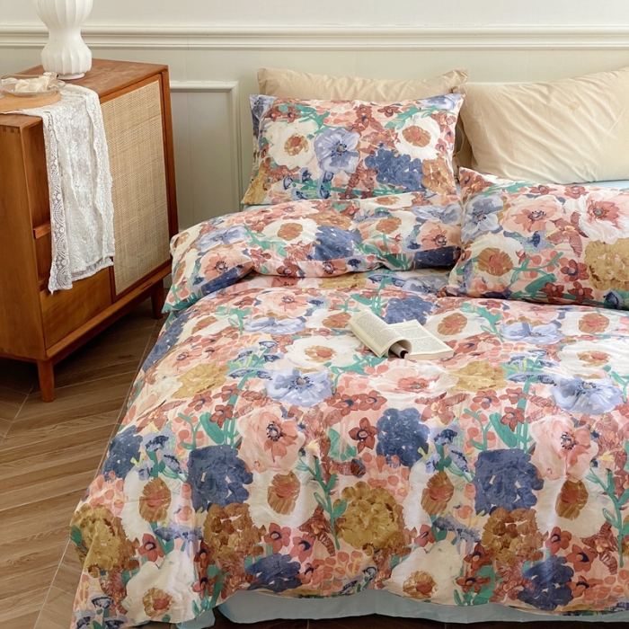 91家纺网 家纺一手货源 找家纺 窝米2022新款13370全棉四件套花卉系列 云溪红