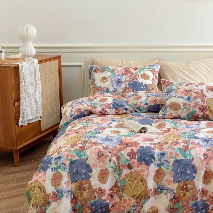 91家纺网 家纺一手货源 找家纺 窝米2022新款13370全棉四件套花卉系列 云溪红