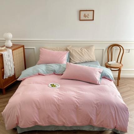 91家纺网 家纺一手货源 找家纺 窝米 2022夏季新品素色双拼水洗棉四件套 冰莓粉双拼