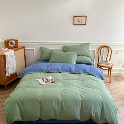 91家纺网 家纺一手货源 找家纺 窝米 2022夏季新品素色双拼水洗棉四件套 绿云双拼