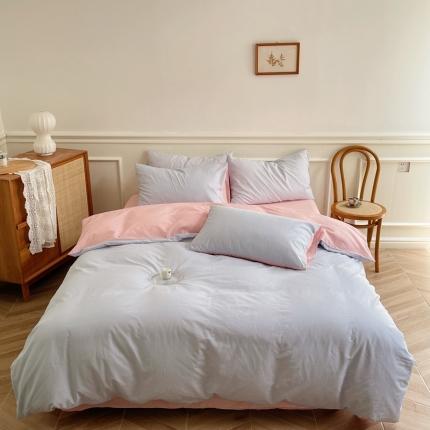 91家纺网 家纺一手货源 找家纺 窝米 2022夏季新品素色双拼水洗棉四件套 少女粉双拼