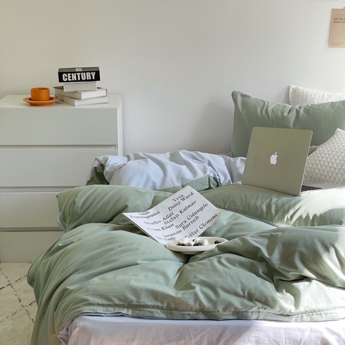 91家纺网 家纺一手货源 找家纺 窝米 2022夏季新品素色双拼水洗棉四件套 艾青双拼