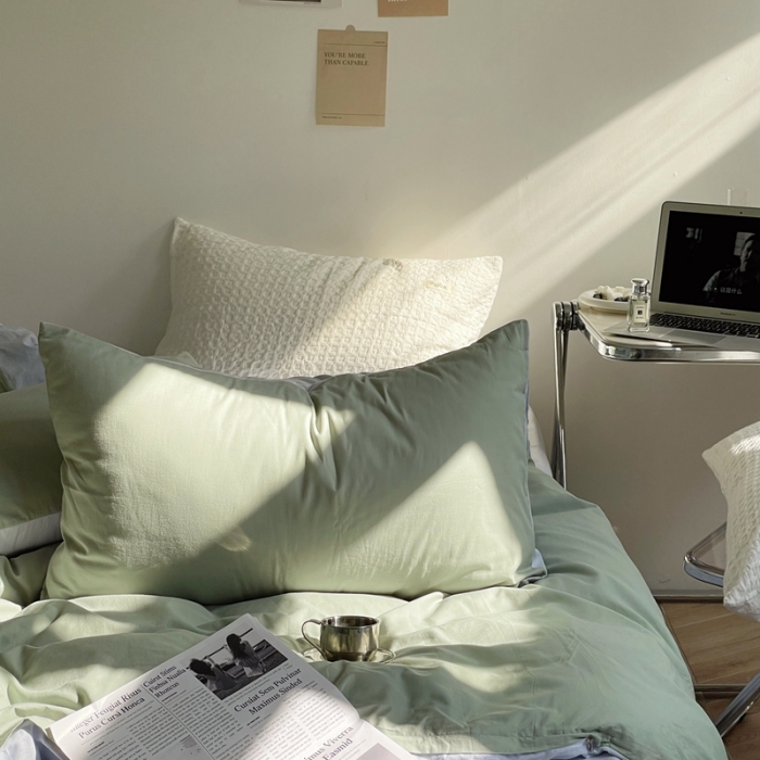 91家纺网 家纺一手货源 找家纺 窝米 2022夏季新品素色双拼水洗棉四件套 艾青双拼