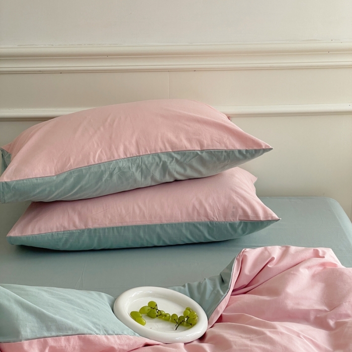 91家纺网 家纺一手货源 找家纺 窝米 2022夏季新品素色双拼水洗棉四件套 冰莓粉双拼