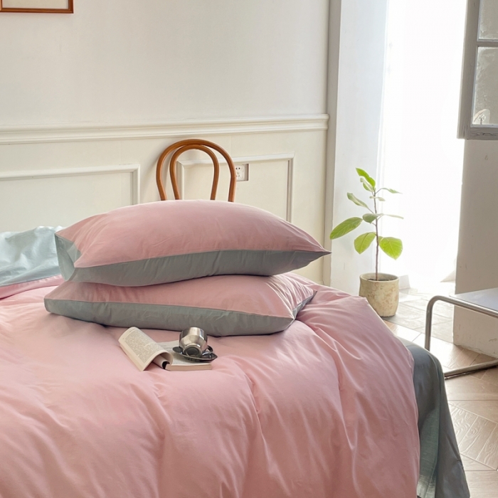 91家纺网 家纺一手货源 找家纺 窝米 2022夏季新品素色双拼水洗棉四件套 冰莓粉双拼