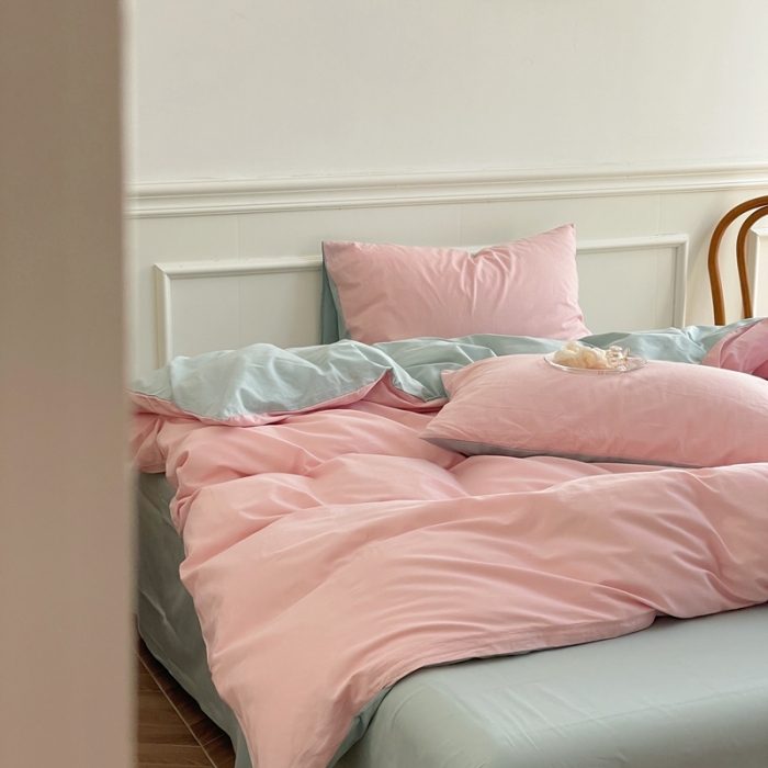 91家纺网 家纺一手货源 找家纺 窝米 2022夏季新品素色双拼水洗棉四件套 冰莓粉双拼