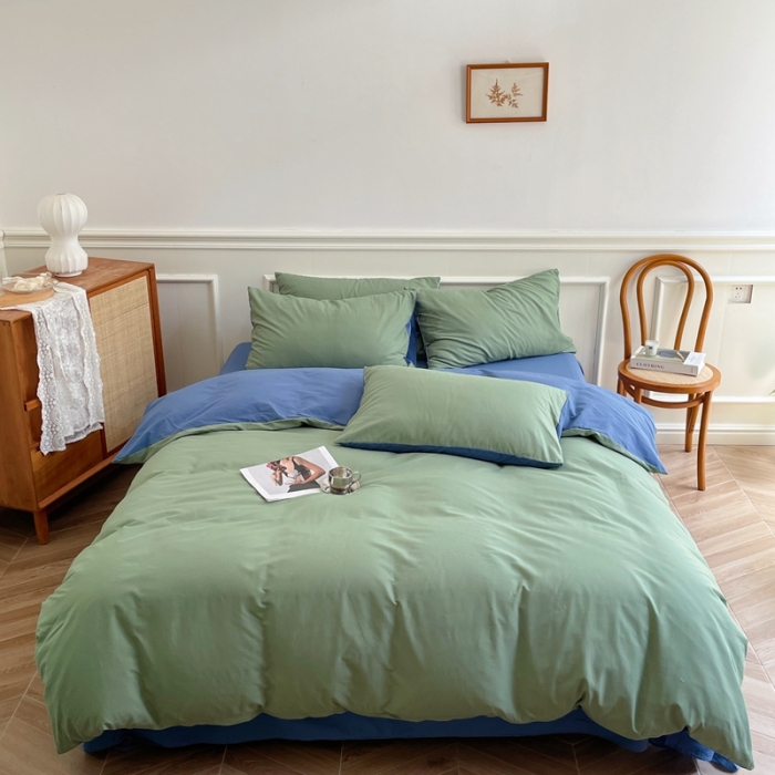 91家纺网 家纺一手货源 找家纺 窝米 2022夏季新品素色双拼水洗棉四件套 绿云双拼