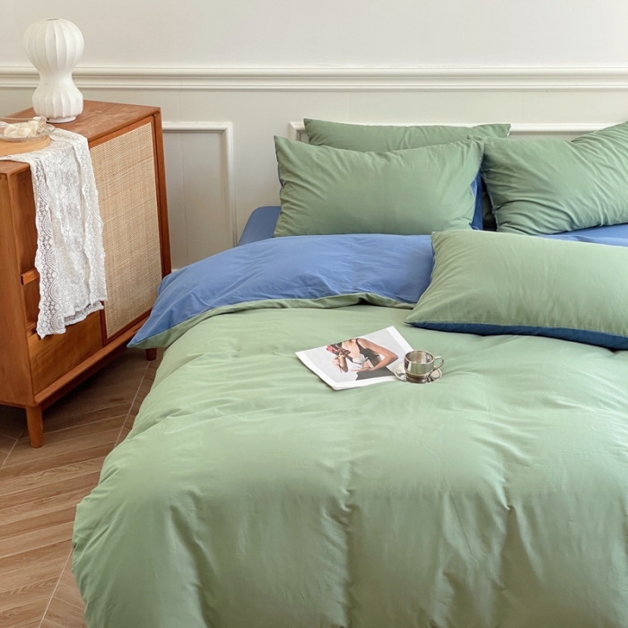 91家纺网 家纺一手货源 找家纺 窝米 2022夏季新品素色双拼水洗棉四件套 绿云双拼