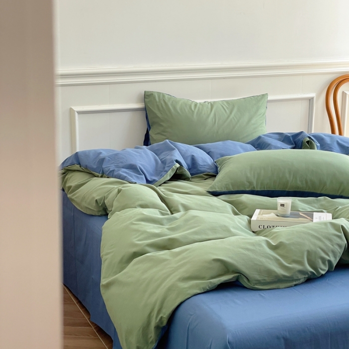 91家纺网 家纺一手货源 找家纺 窝米 2022夏季新品素色双拼水洗棉四件套 绿云双拼