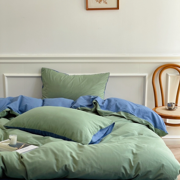 91家纺网 家纺一手货源 找家纺 窝米 2022夏季新品素色双拼水洗棉四件套 绿云双拼