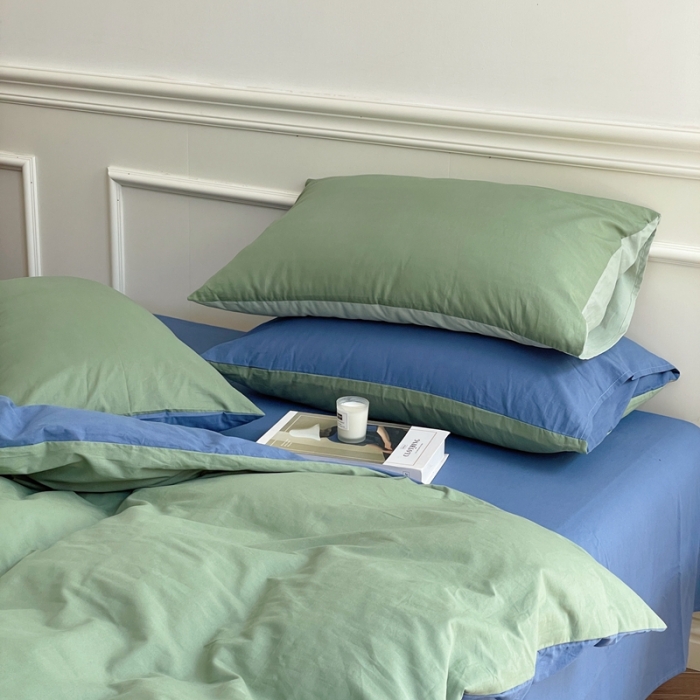 91家纺网 家纺一手货源 找家纺 窝米 2022夏季新品素色双拼水洗棉四件套 绿云双拼