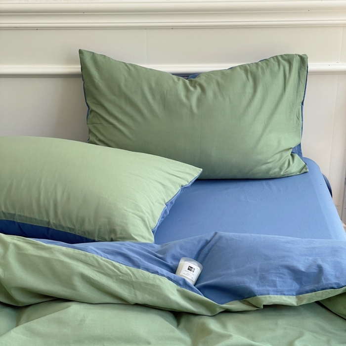 91家纺网 家纺一手货源 找家纺 窝米 2022夏季新品素色双拼水洗棉四件套 绿云双拼