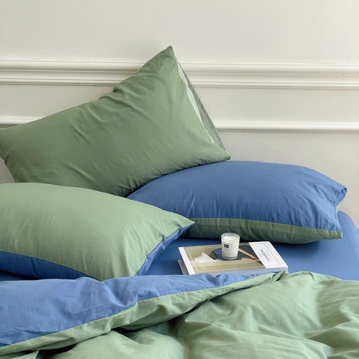 91家纺网 家纺一手货源 找家纺 窝米 2022夏季新品素色双拼水洗棉四件套 绿云双拼