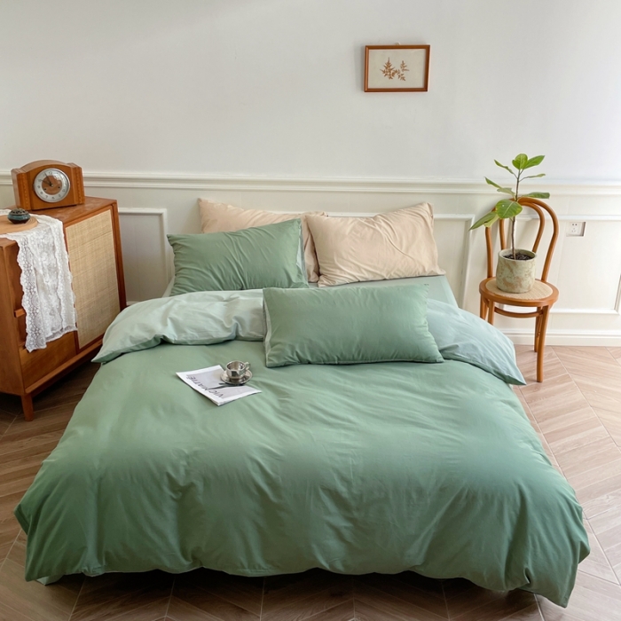 91家纺网 家纺一手货源 找家纺 窝米 2022夏季新品素色双拼水洗棉四件套 抹茶绿双拼