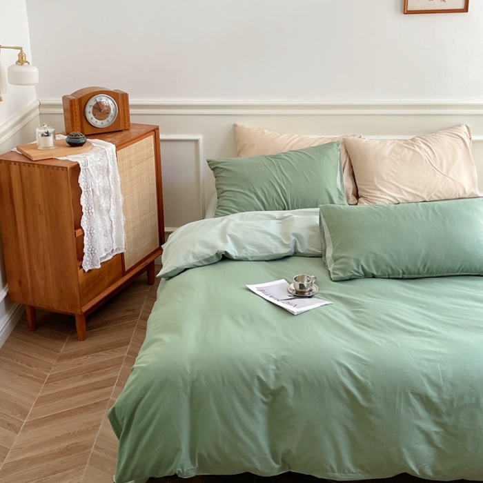 91家纺网 家纺一手货源 找家纺 窝米 2022夏季新品素色双拼水洗棉四件套 抹茶绿双拼